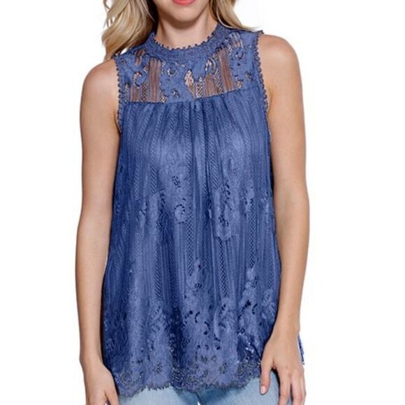 🔺️Taylor & Sage Medieval Blue High Neck Lacy Sleeveless Blouse Small - Picture 2 of 13